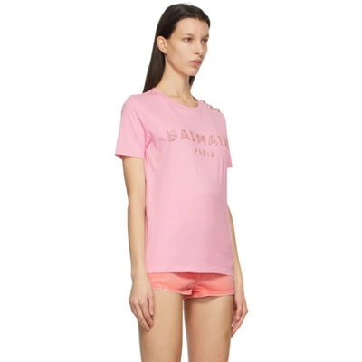 Shop Balmain Pink Crystal Logo T-shirt In 4ki Rose