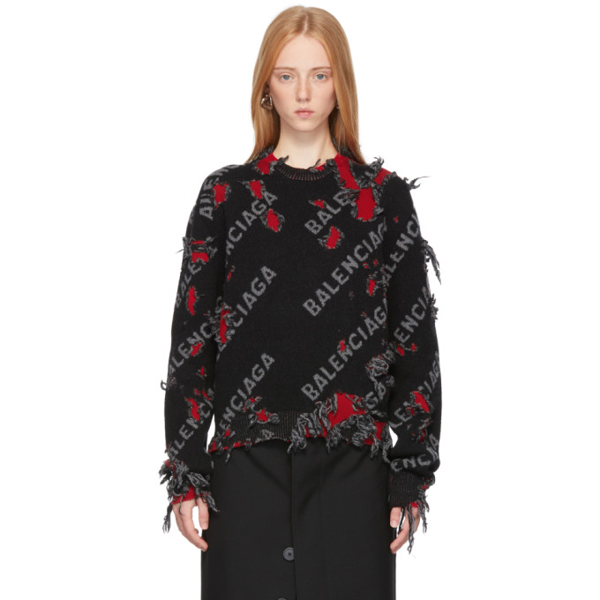 Balenciaga Cropped Distressed Intarsia Wool-blend Sweater In Grey/ Black/  Red | ModeSens