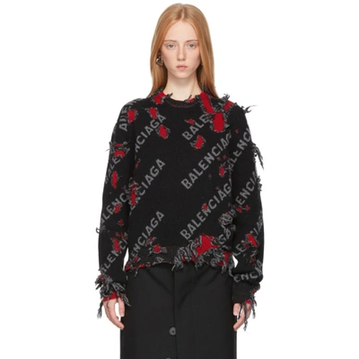 Shop Balenciaga Black & Red Small Destroyed Sweater In 5963 Grey/black/red