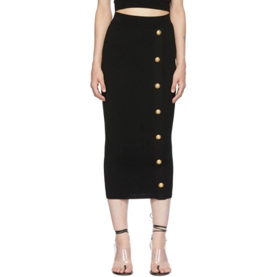 Shop Balmain Black Rib Knit Button Mid-length Skirt In 0pa Noir