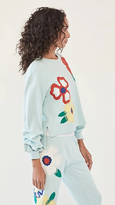 Shop Alice And Olivia Gaia Embroidered Sweatshirt In Powder Blue/multi