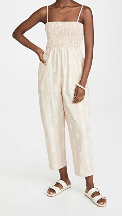 Shop Rebecca Taylor Jumpsuit With Smocked Bodice In Marzipan Combo