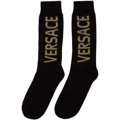Shop Versace Black & Gold Long Logo Socks In I450 Black Gold