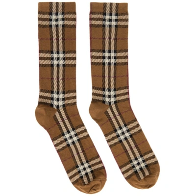 Shop Burberry Brown Intarsia Check Socks In Birch Brown