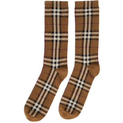 Shop Burberry Brown Intarsia Check Socks In Birch Brown