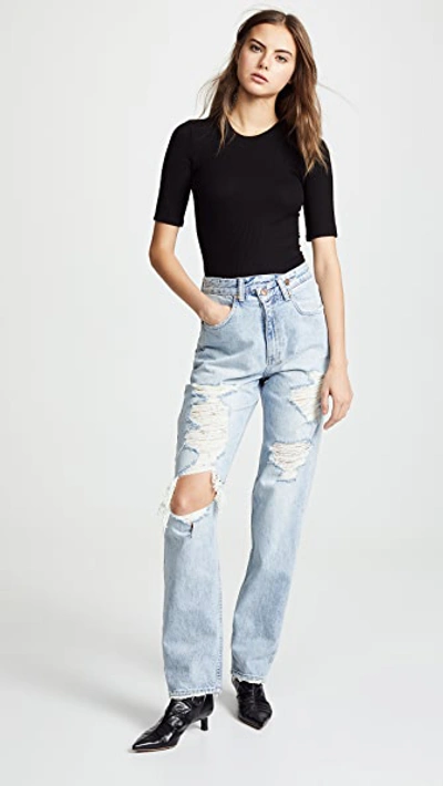 Enza Costa Silk Rib Cropped Half Sleeve Crew Tee In Black
