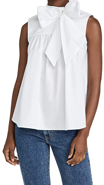 Shop Adam Lippes Shirred Body Top With Bow In Cotton Poplin In White