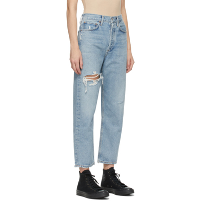 Shop Agolde Blue Distressed '90s Crop Mid-rise Loose-fit Jeans In Echo