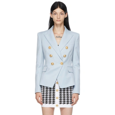 Shop Balmain Blue Grain De Poudre Six-button Blazer In 6ac Bleu Pâle