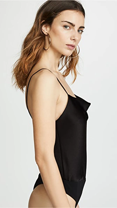 Alice And Olivia Harmon Draped Satin And Stretch-crepe Thong Bodysuit In Black