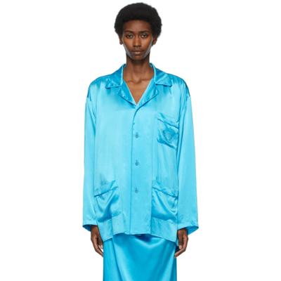 Shop Balenciaga Blue Silk Fluid Pajama Shirt In 4407 Cyclades Blue