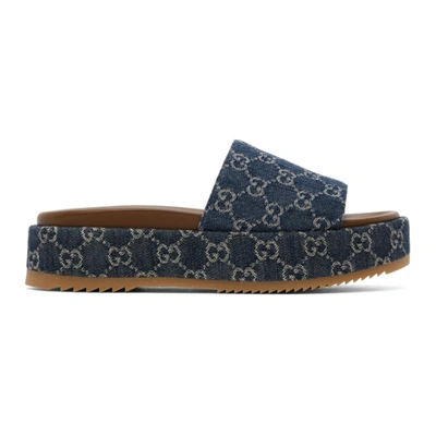 Shop Gucci Blue Denim Gg Platform Slide Sandals In 4402 Blue Tea