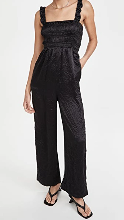 Shop Ganni Crinkled Satin Jumpsuit In Black