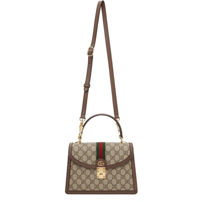 Shop Gucci Brown & Beige Small Ophidia Top Handle Bag In 8745 B.eb/n.acero/vr