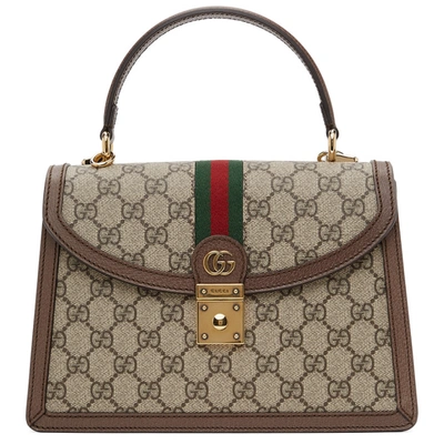Shop Gucci Brown & Beige Small Ophidia Top Handle Bag In 8745 B.eb/n.acero/vr