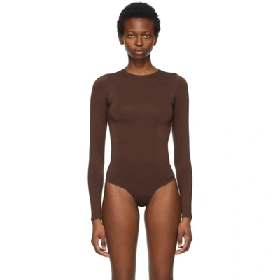 Skims Brown Essential Thong Long Sleeve Bodysuit In Smokey Quartz