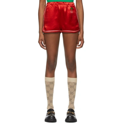 Shop Gucci Red Satin Gg Cherry Shorts In 6076 Red