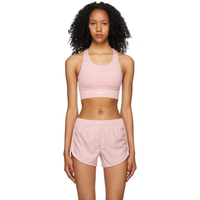 Shop Nike Pink Swoosh Long Line Sports Bra In 630 Pink Glaze/whit