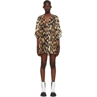 Shop Ganni Beige & Black Georgette Pleated Oversize Mini Dress In 994 Maxi Leopard