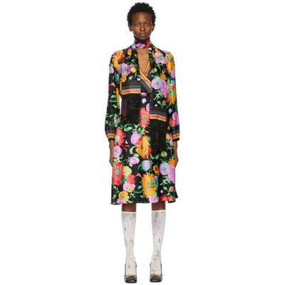 Shop Gucci Black Ken Scott Edition Silk Print Dress In 1187 Black/pink