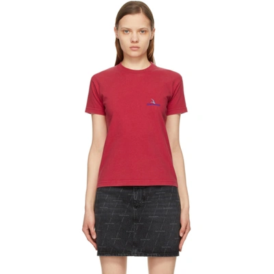 Shop Balenciaga Red Embroidered Logo Small Fit T-shirt In 6627 Raspberry/blue