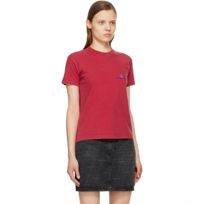 Shop Balenciaga Red Embroidered Logo Small Fit T-shirt In 6627 Raspberry/blue