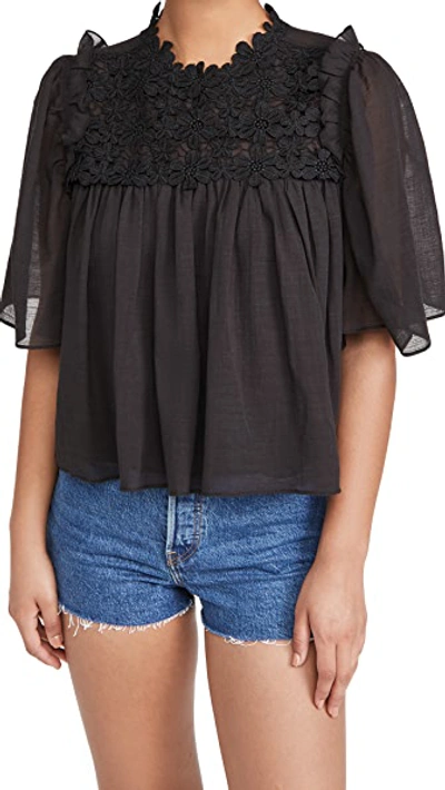 Shop 7 For All Mankind Applique Floral Ruffle Blouse In Black