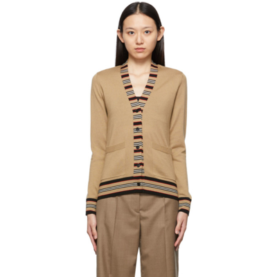 Shop Burberry Beige Icon Stripe Cauca Cardigan In Camel