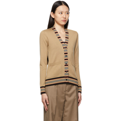 Shop Burberry Beige Icon Stripe Cauca Cardigan In Camel