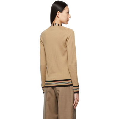 Shop Burberry Beige Icon Stripe Cauca Cardigan In Camel