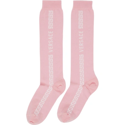 Shop Versace Pink & White Greca Knee-high Socks In 2p100 Pink White