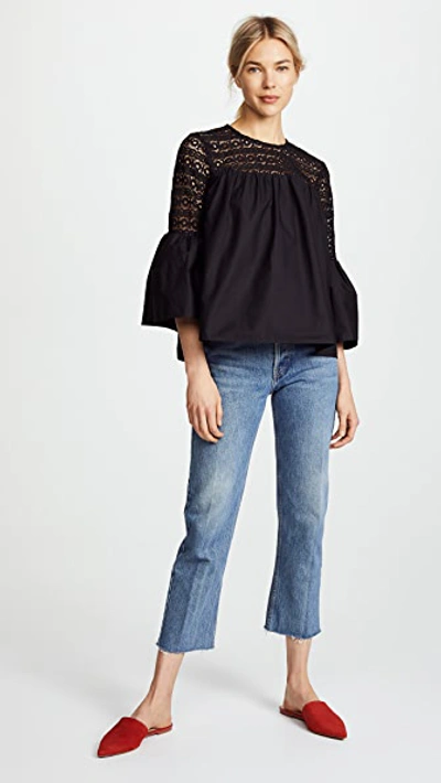 Endless Rose Lace Poplin Bell Sleeve Blouse In Black