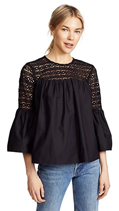 Endless Rose Lace Poplin Bell Sleeve Blouse In Black