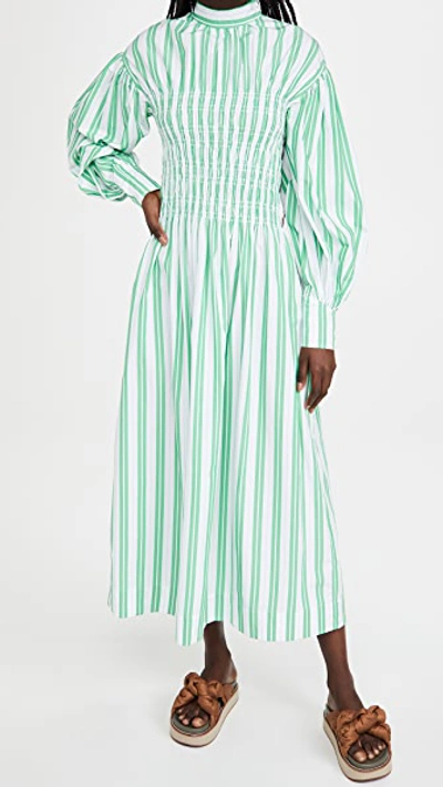 Shop Ganni Stripe Cotton Dress In Kelly Green