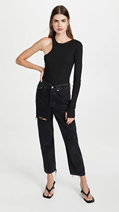Shop Agolde Bea Asymmetric Cutaway Thong Bodysuit Black