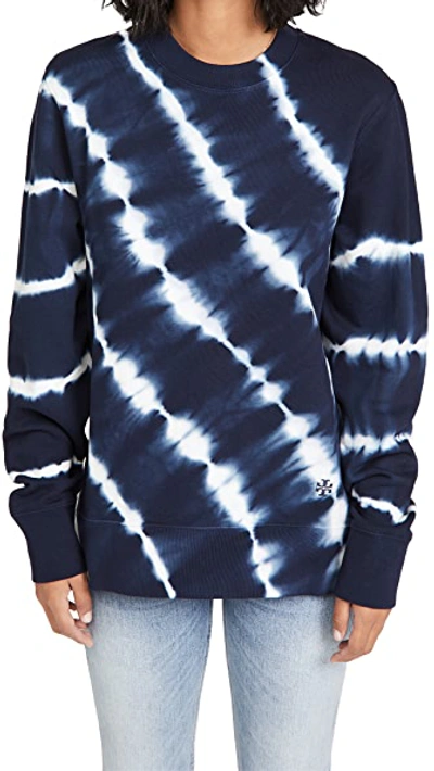 Shop Tory Sport Tie Dye French Terry Crew Sweatshirt In Tory Navy Diagonal Shibori
