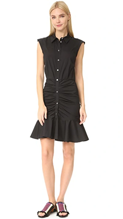 Veronica Beard Sleeveless Button-down Ruched Dobby Cotton Shirtdress In Black