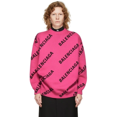Shop Balenciaga Pink Allover Logo Sweater In 1401 Pink/black