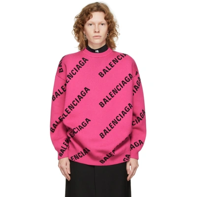 Balenciaga Logo Intarsia Oversize Crewneck Sweater In Pink ModeSens