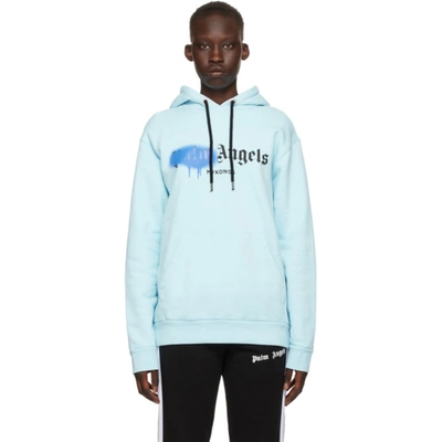 Shop Palm Angels Blue Sprayed Logo 'mykonos' Hoodie In Lt Blue Lilac