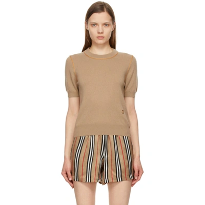 Shop Burberry Beige Cashmere Constance Short Sleeve Sweater In Archive Bei