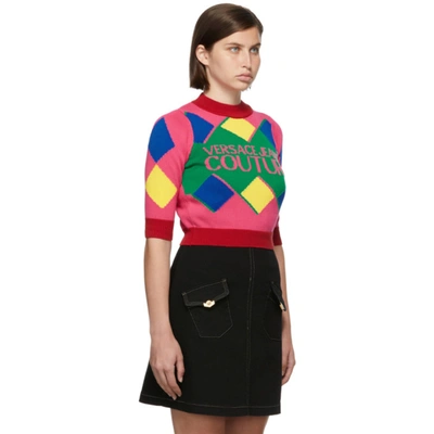 Shop Versace Jeans Couture Pink & Red Logo Knit Turtleneck In Eob5 Jade'+midnight