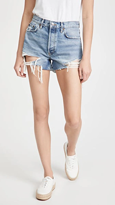 Shop Re/done 70s High Rise Shorts In Skylight Destroy