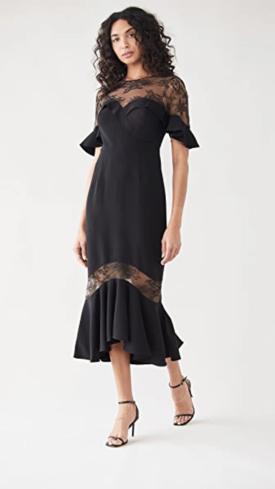 Shop Marchesa Notte Crepe Lace Flutter Sleeve Midi Dress In Black