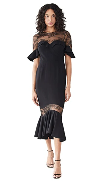 Shop Marchesa Notte Crepe Lace Flutter Sleeve Midi Dress In Black