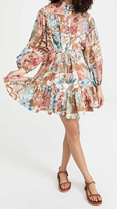 Shop Zimmermann Cassia Drop Waist Mini Dress In Patchwork Floral