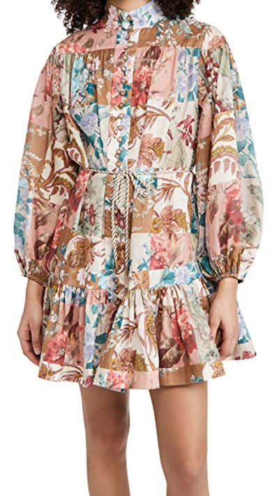 Shop Zimmermann Cassia Drop Waist Mini Dress In Patchwork Floral