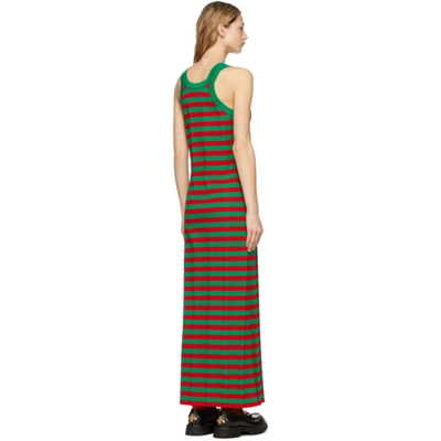 Shop Gucci Green & Red Striped Cat Patch Dress In 3343 Green/red