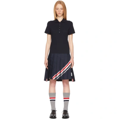 Shop Thom Browne Navy Diagonal Stripe Pleated Polo Dress In 415 Navy
