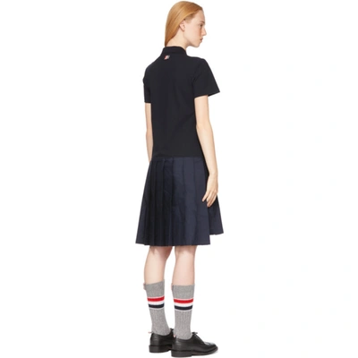 Shop Thom Browne Navy Diagonal Stripe Pleated Polo Dress In 415 Navy